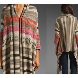 Goddis Knitwear Kita Aztec Bohemian Striped Hooded Fringe Sweater/Poncho,S/M
